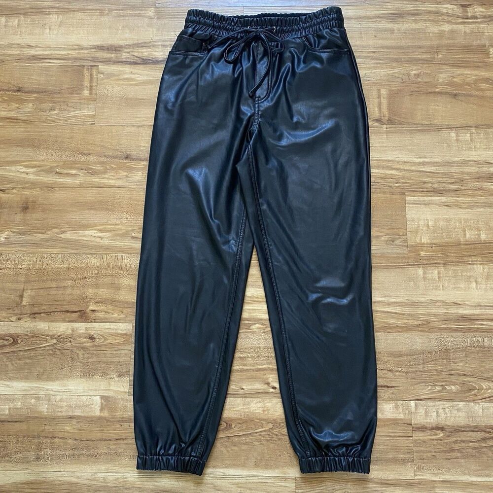EXPRESS S Black High Waisted Faux Leather Pull On Joggers Moto Edgy Rocker Biker